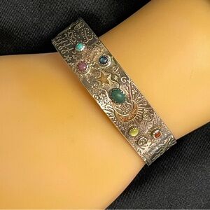 Ann Allen Etched Sterling Silver 14K GF Talisman Cuff Bracelet Multi
Gemstones